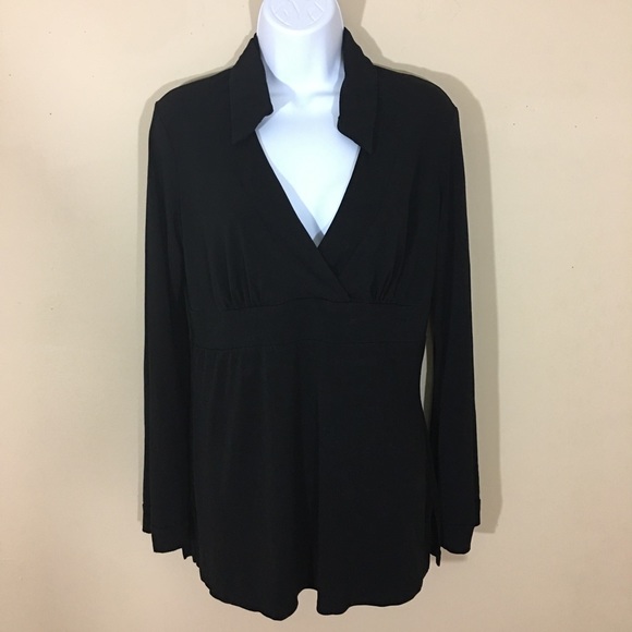 Bisou Bisou Tops - BISOU BISOU SZ Large Black Collard Faux Wrap Top